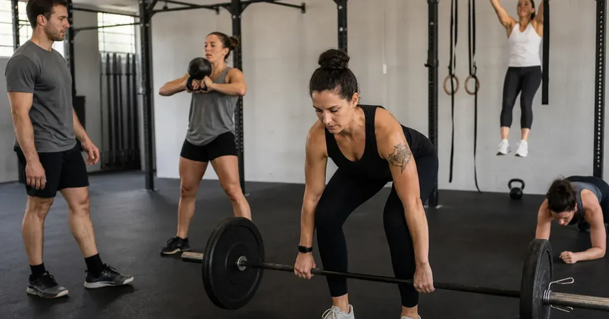 Trening grupowy w boxie CrossFit: sztanga, kettlebell i drążek