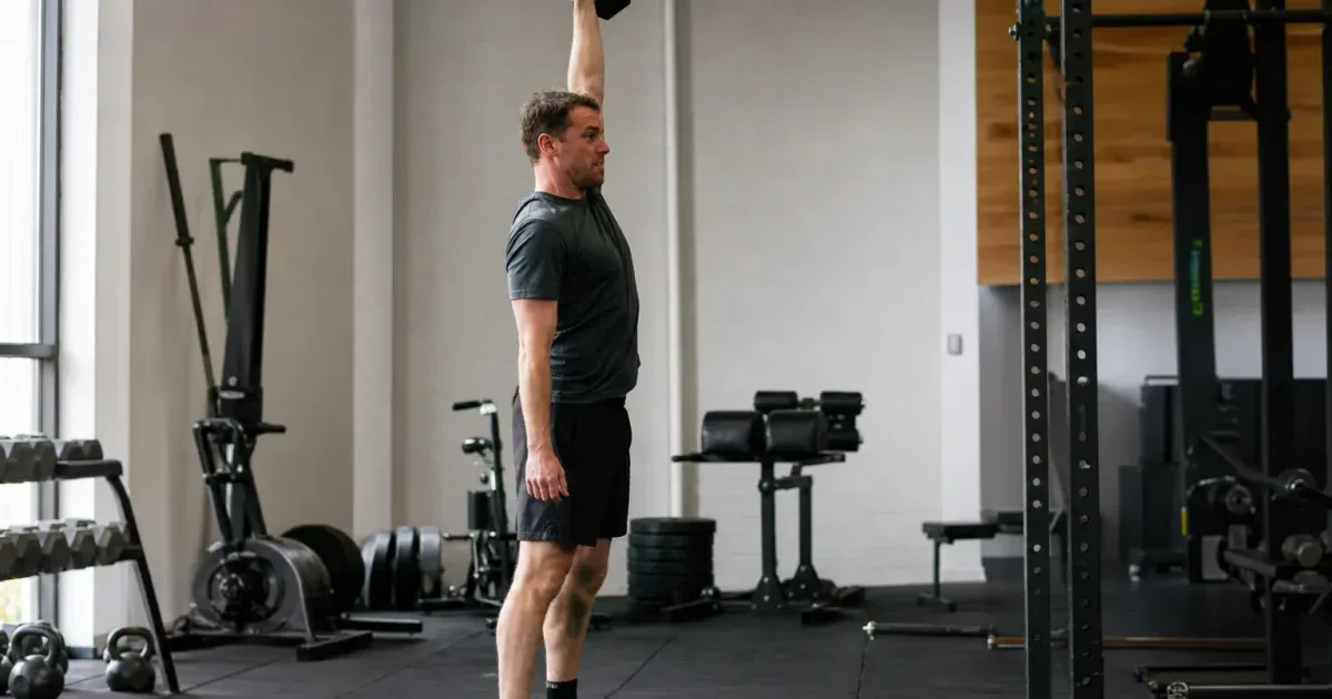 Dumbbell snatch: hantel zablokowany nad głową w jednej ręce