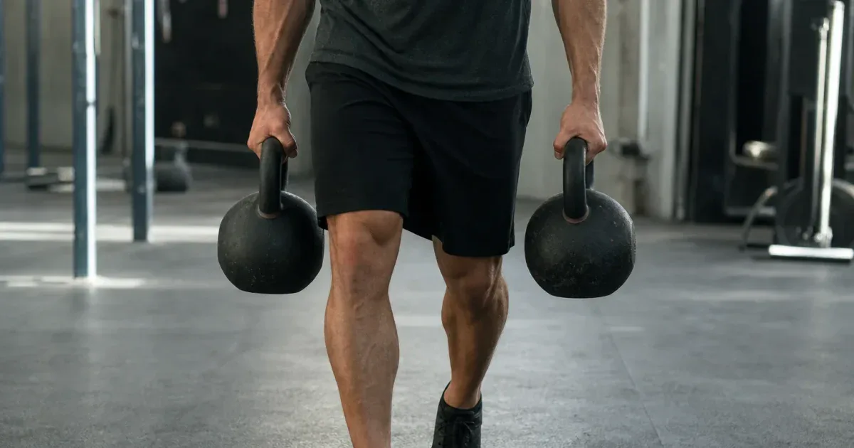 Farmer walk z dwoma kettlebellami, chwyt i napięte przedramiona
