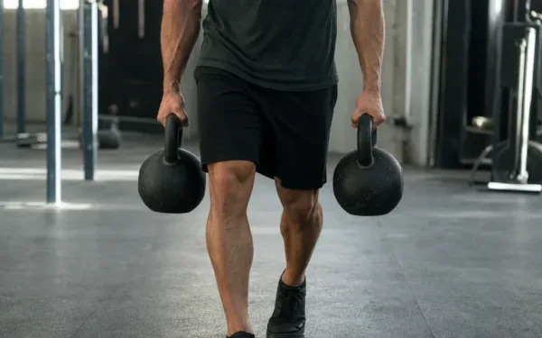 Farmer walk z dwoma kettlebellami, chwyt i napięte przedramiona
