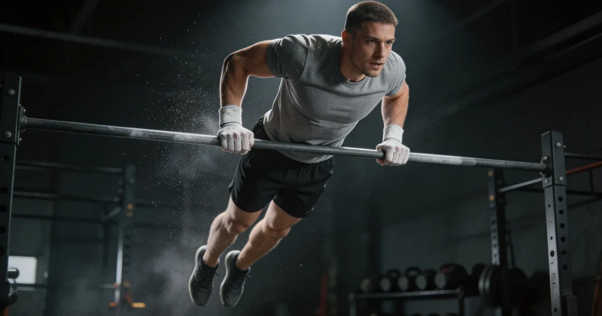 Crossfiter wykonujący bar muscle-up nad drążkiem w ciemnej siłowni