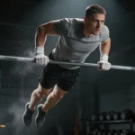 Crossfiter wykonujący bar muscle-up nad drążkiem w ciemnej siłowni