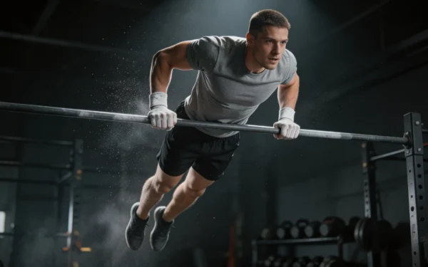 Crossfiter wykonujący bar muscle-up nad drążkiem w ciemnej siłowni