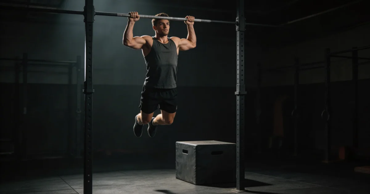 Sportowiec wykonujący chest-to-bar pull-up na rigu crossfit