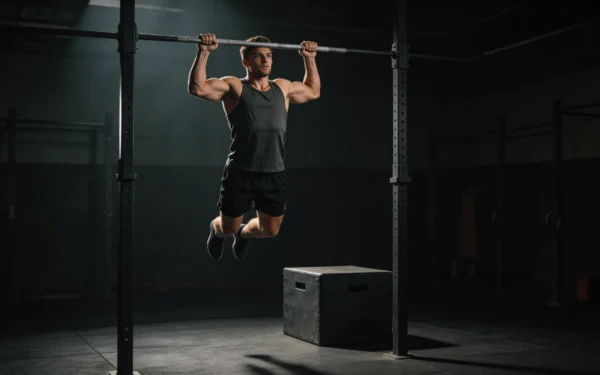 Sportowiec wykonujący chest-to-bar pull-up na rigu crossfit