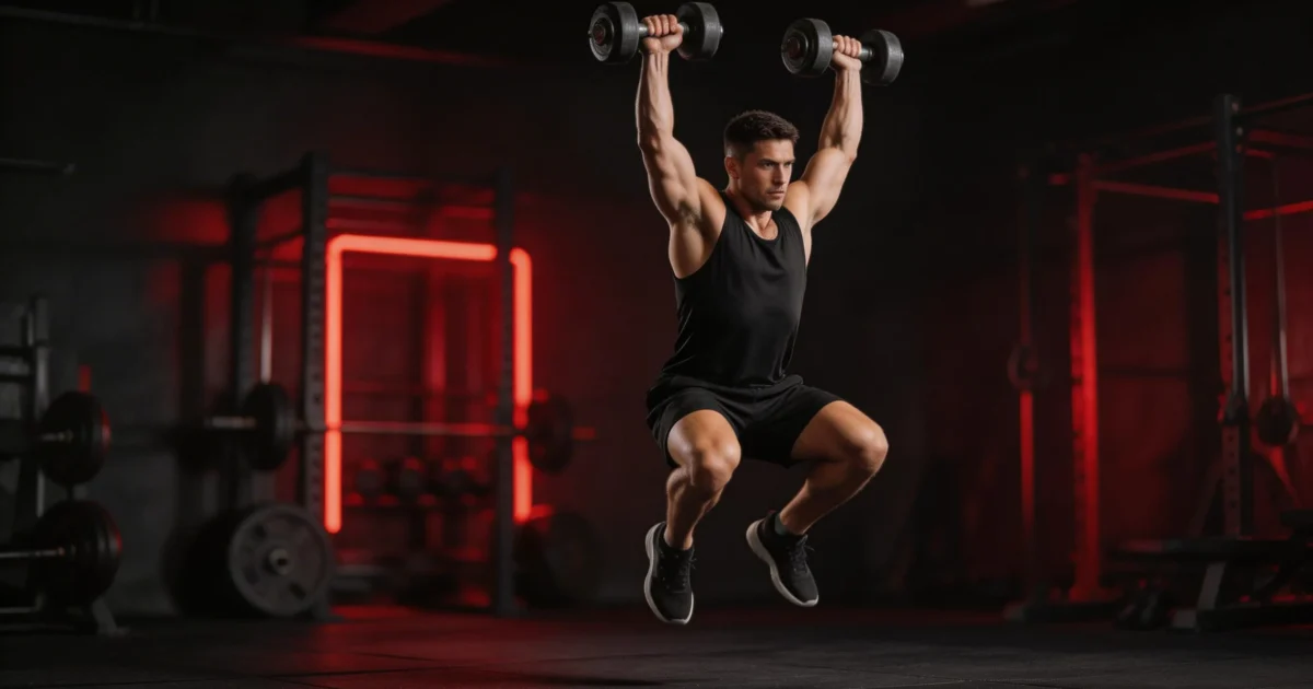 Athlete wykonujący devil press z hantlami w ciemnej siłowni crossfit