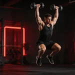 Athlete wykonujący devil press z hantlami w ciemnej siłowni crossfit