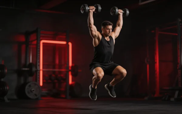 Athlete wykonujący devil press z hantlami w ciemnej siłowni crossfit