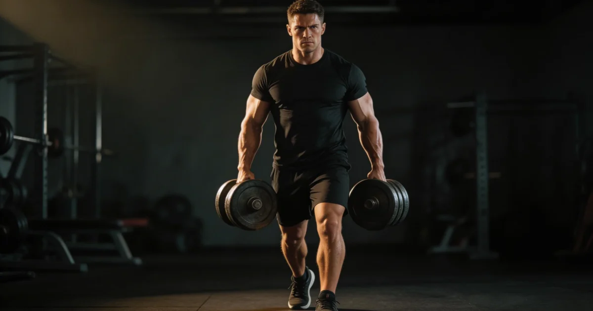 Sportowiec niosący ciężkie hantle w farmer walk w crossfit gym