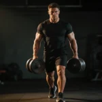 Sportowiec niosący ciężkie hantle w farmer walk w crossfit gym