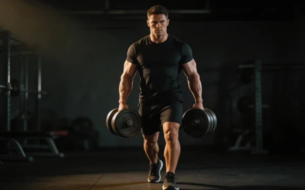 Sportowiec niosący ciężkie hantle w farmer walk w crossfit gym