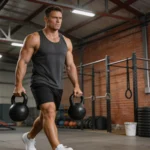 Sportowiec niosący ciężkie kettlebell w farmers carry