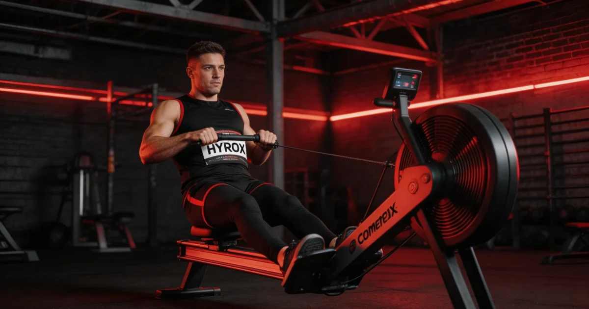 Zawodnik HYROX na stacji treningowej z sankami w hali sportowej