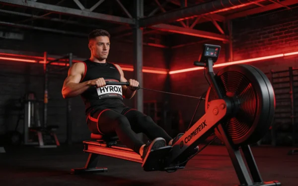 Zawodnik HYROX na stacji treningowej z sankami w hali sportowej