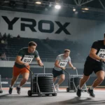 Zawodnicy HYROX pchający sanki w hali sportowej podczas zawodów w Polsce