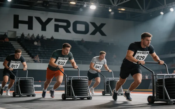 Zawodnicy HYROX pchający sanki w hali sportowej podczas zawodów w Polsce