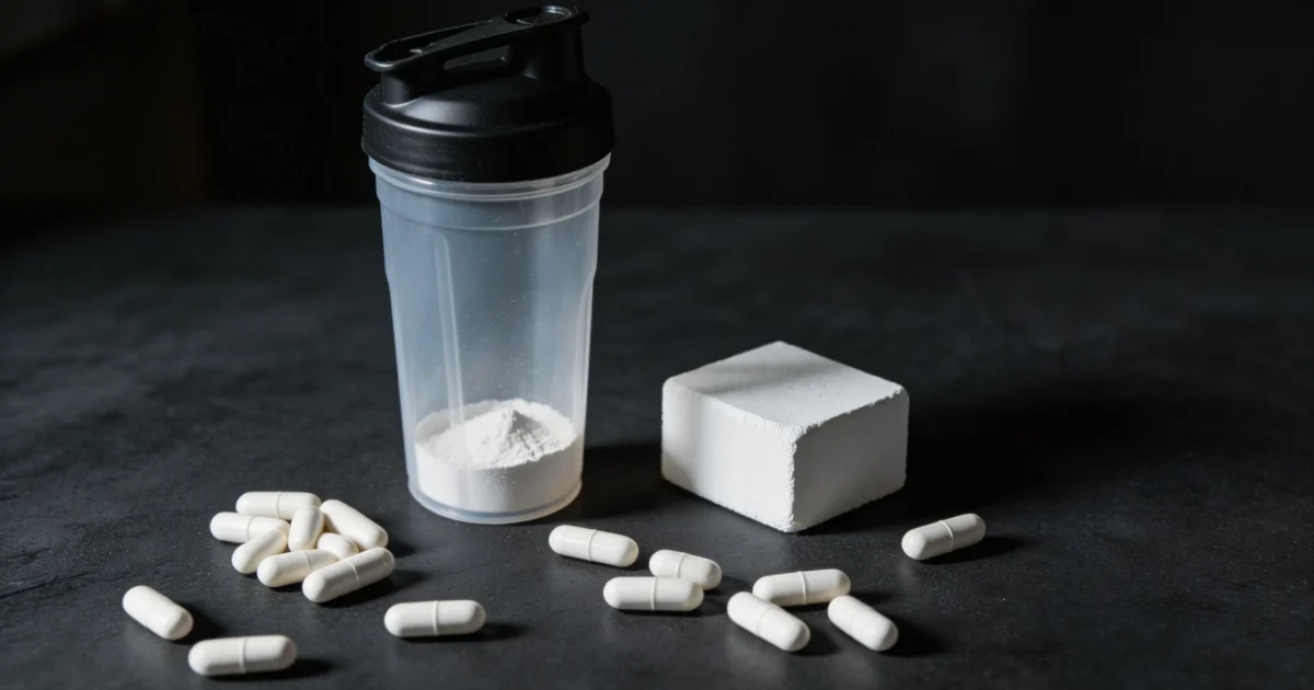 Kapsułki magnezu obok shakera i kredy na ciemnym blacie - suplementacja sportowa