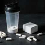 Kapsułki magnezu obok shakera i kredy na ciemnym blacie - suplementacja sportowa