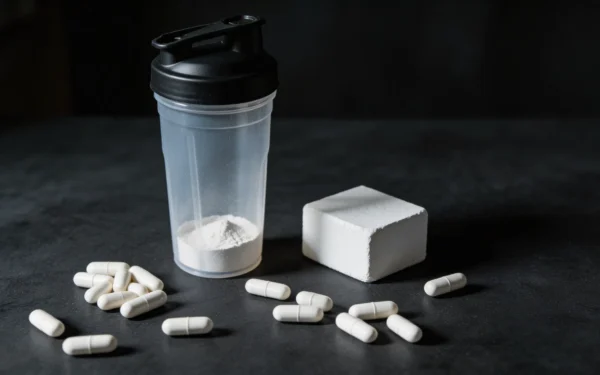 Kapsułki magnezu obok shakera i kredy na ciemnym blacie - suplementacja sportowa