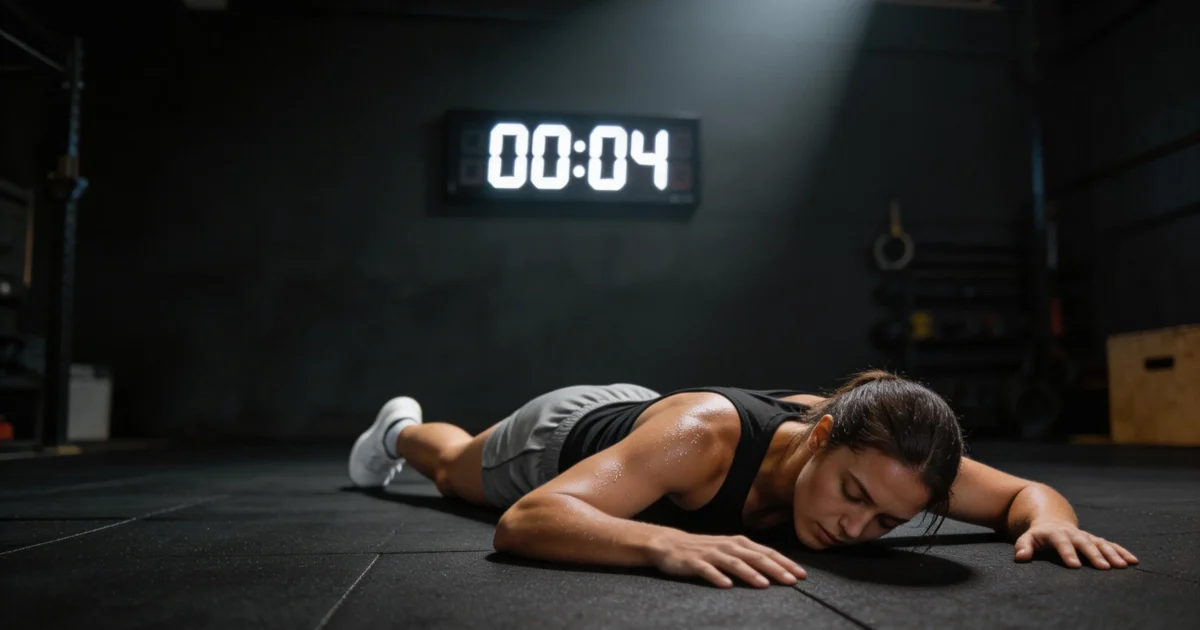 Wyczerpany crossfiter po treningu tabata leżący na podłodze siłowni