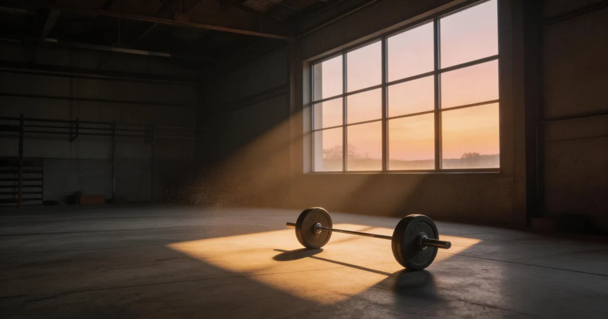 Pusty crossfit box o poranku z leżącą sztangą sugerujący trening na czczo