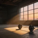 Pusty crossfit box o poranku z leżącą sztangą sugerujący trening na czczo