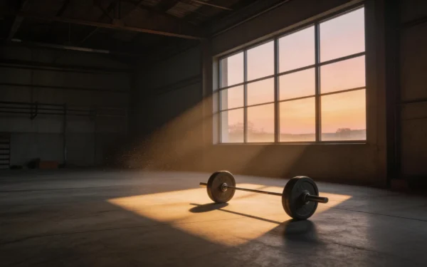 Pusty crossfit box o poranku z leżącą sztangą sugerujący trening na czczo