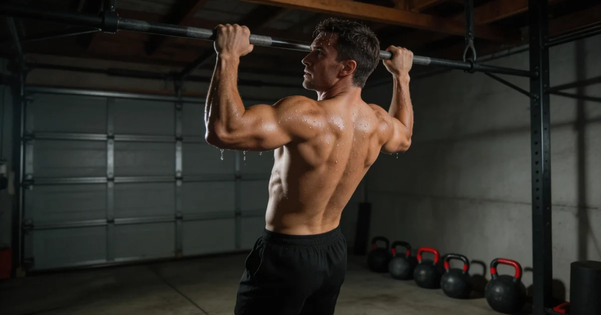 Crossfiter wykonujący trening obwodowy w ciemnej siłowni