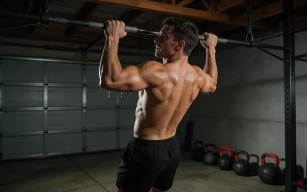 Crossfiter wykonujący trening obwodowy w ciemnej siłowni