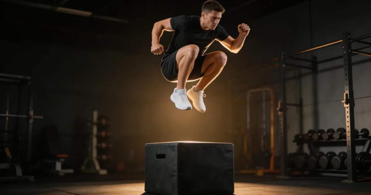 Sportowiec wykonujący eksplozywny box jump w ciemnej siłowni crossfit