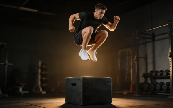Sportowiec wykonujący eksplozywny box jump w ciemnej siłowni crossfit