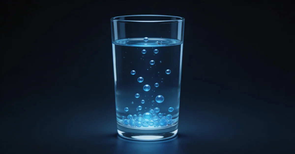 Szklanka wody z bąbelkami wodoru na ciemnym tle