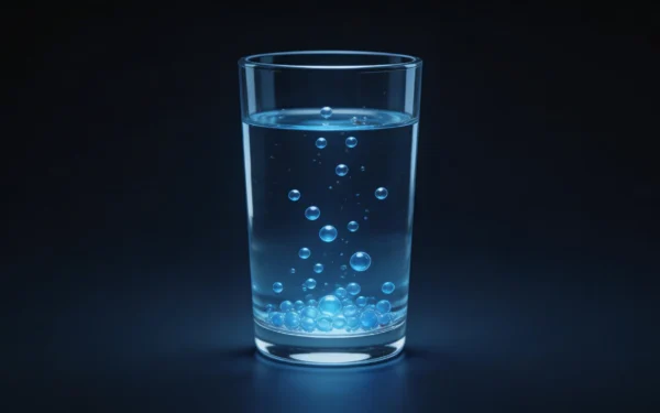 Szklanka wody z bąbelkami wodoru na ciemnym tle