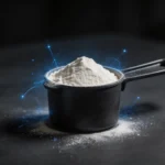 Proszek beta-alaniny w czarnej miarce na ciemnym blacie