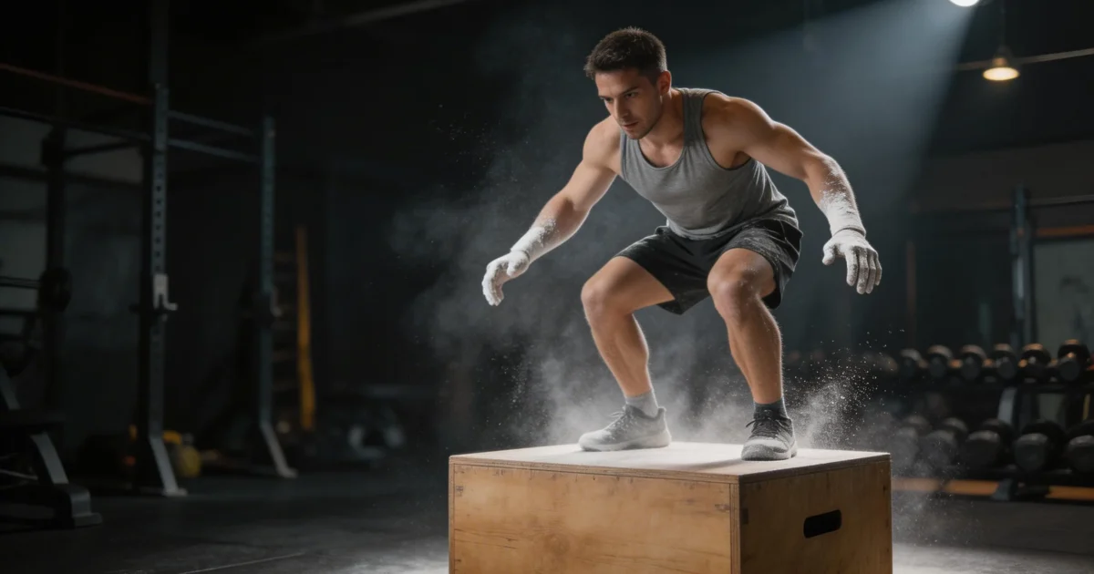 Sportowiec lądujący na drewnianym plyo boxie po box jumpie