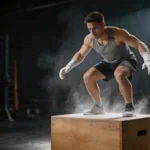Sportowiec lądujący na drewnianym plyo boxie po box jumpie
