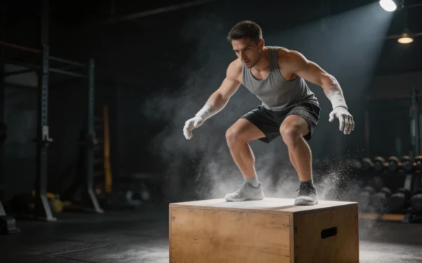 Sportowiec lądujący na drewnianym plyo boxie po box jumpie