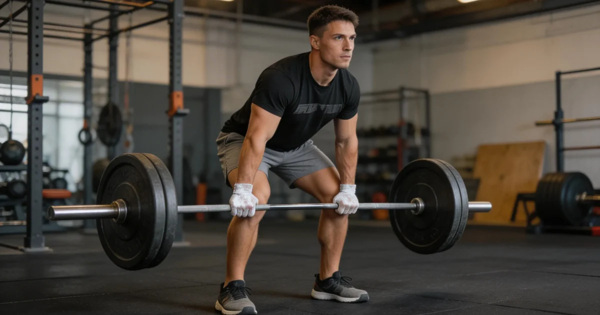 Crossfiter w pozycji hang ze sztangą na biodrach przed power cleanem