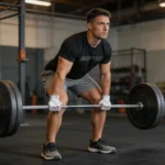 Crossfiter w pozycji hang ze sztangą na biodrach przed power cleanem
