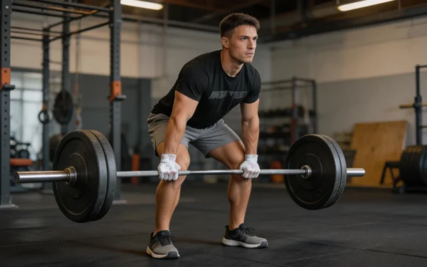 Crossfiter w pozycji hang ze sztangą na biodrach przed power cleanem