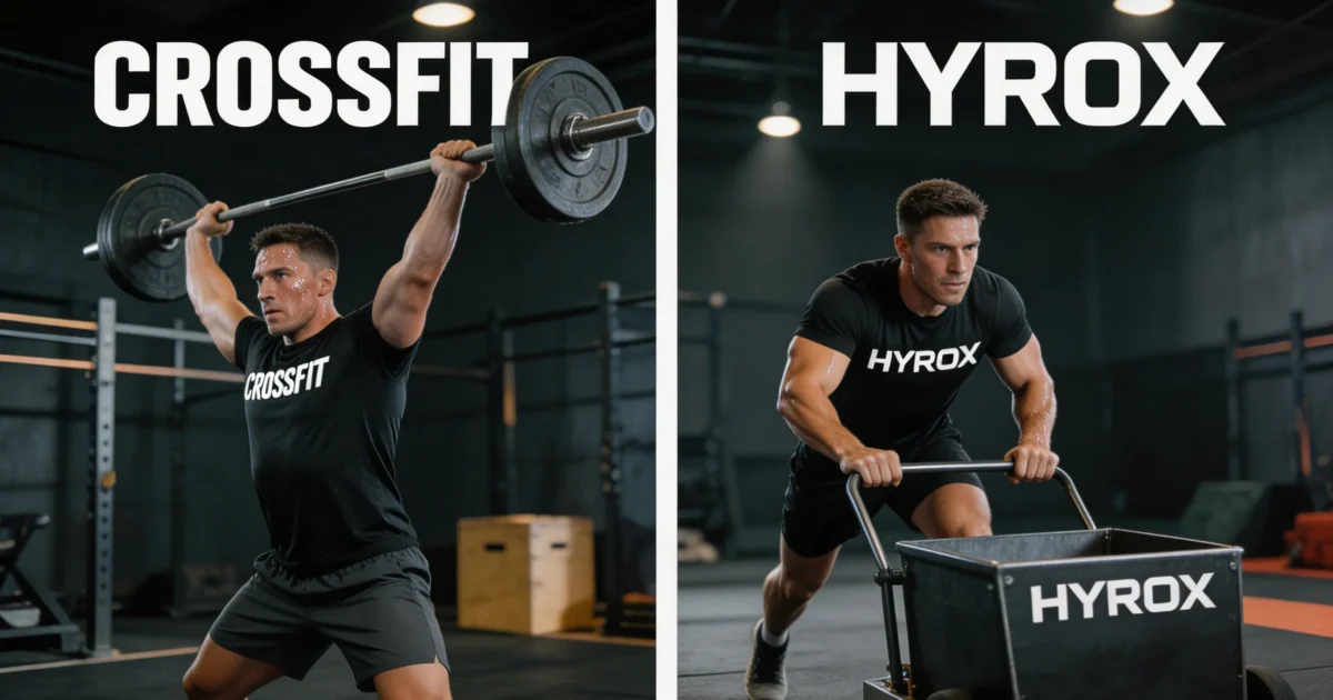 Podzielony obraz - crossfiter i zawodnik HYROX w ciemnych siłowniach