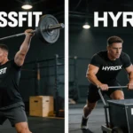 Podzielony obraz - crossfiter i zawodnik HYROX w ciemnych siłowniach