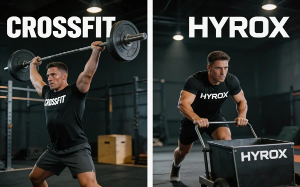 Podzielony obraz - crossfiter i zawodnik HYROX w ciemnych siłowniach