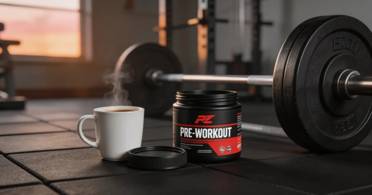 Filiżanka kawy obok pre-workoutu i sztangi w porannej siłowni