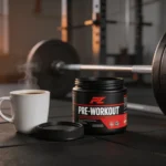 Filiżanka kawy obok pre-workoutu i sztangi w porannej siłowni