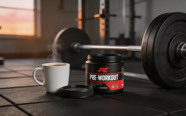 Filiżanka kawy obok pre-workoutu i sztangi w porannej siłowni
