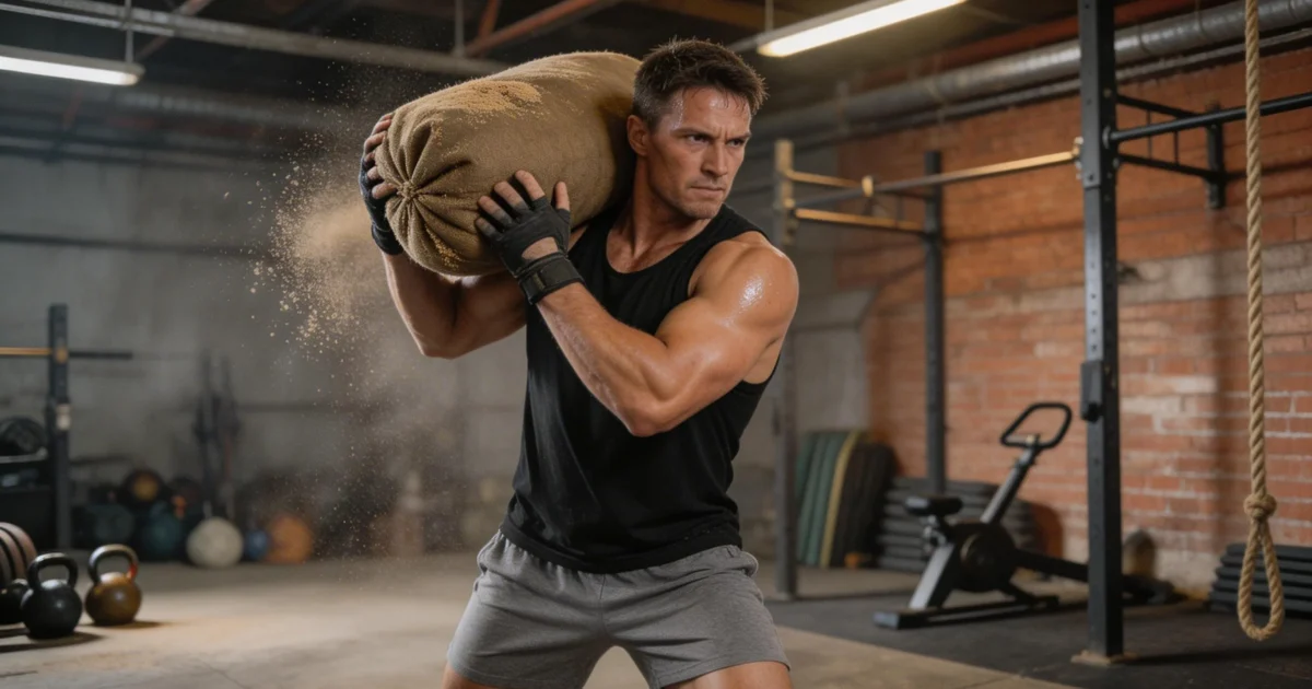 Crossfiter podnoszący ciężki sandbag na ramię w surowej siłowni
