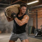 Crossfiter podnoszący ciężki sandbag na ramię w surowej siłowni