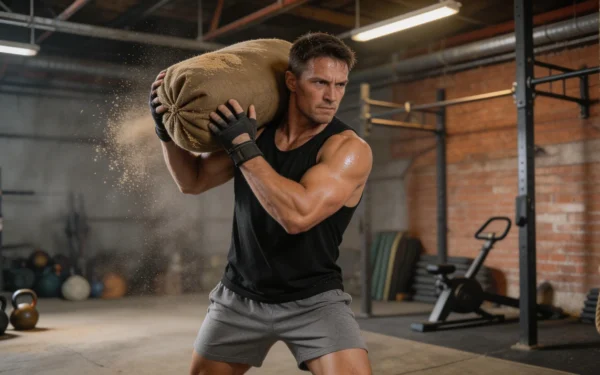 Crossfiter podnoszący ciężki sandbag na ramię w surowej siłowni
