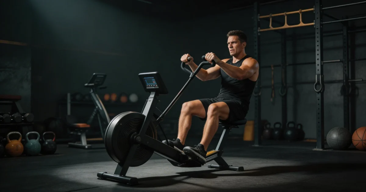 Sportowiec na ski ergu w crossfit box wykonujący mocne pociągnięcie